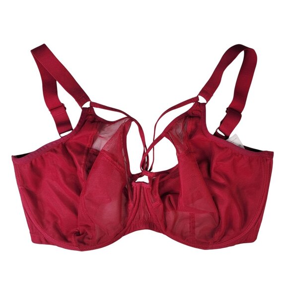 Elomi Sachi Underwire Plunge Bra Ruby Red 32M Wide Adj Unlined Sheer Unpadded - Picture 1 of 9